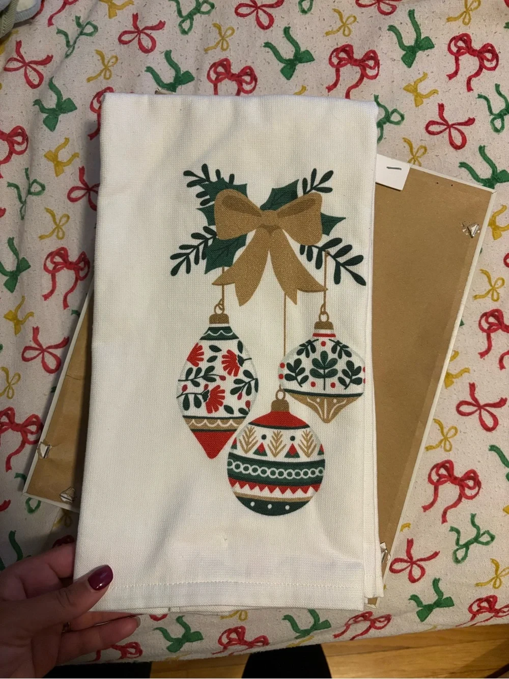 Holiday Ornament Kitchen Towel - White with Red, Green & Gold Print